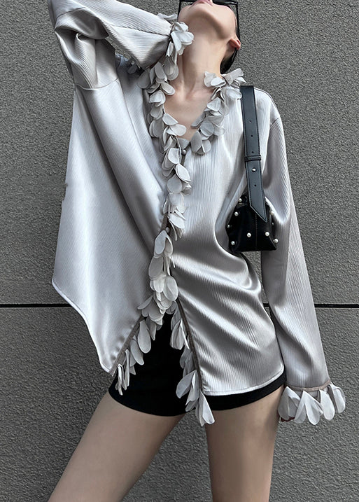 Petal Neck Blouses V Sleeve Grey Solid Loose Cotton