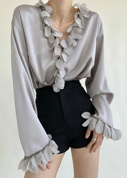 Petal Neck Blouses V Sleeve Grey Solid Loose Cotton