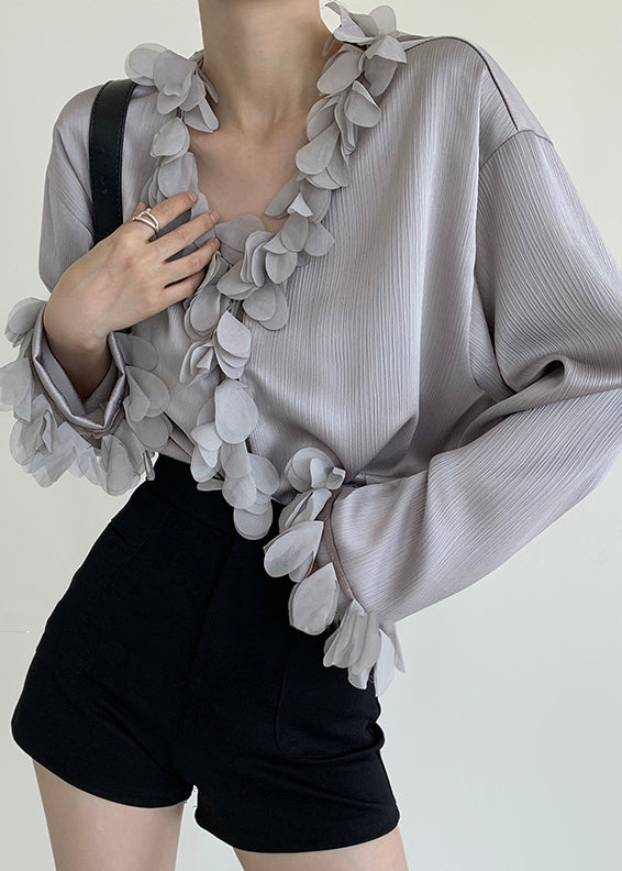 Petal Neck Blouses V Sleeve Grey Solid Loose Cotton