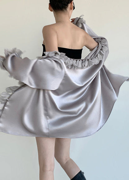 Petal Neck Blouses V Sleeve Grey Solid Loose Cotton