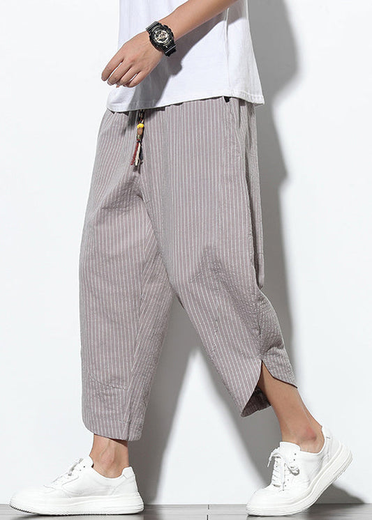Striped Waist Grey Crop Summer Pockets Men Pants Cotton Elastic