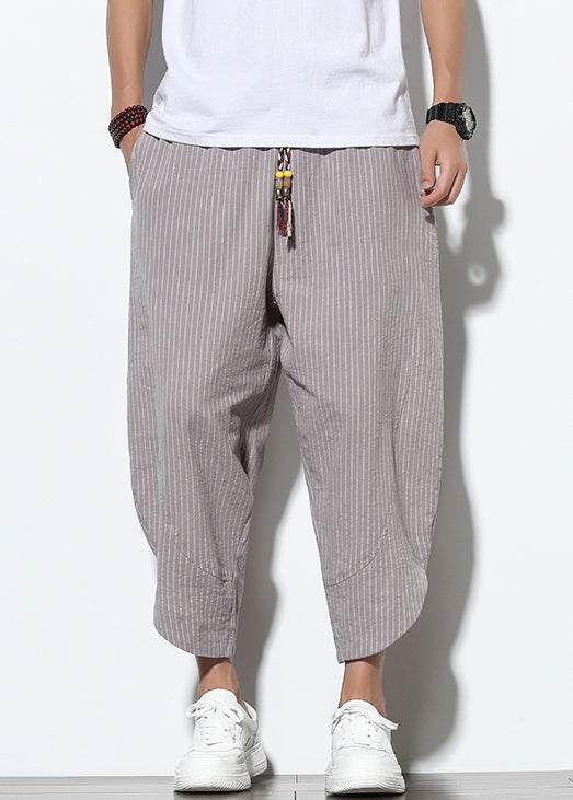 Striped Waist Grey Crop Summer Pockets Men Pants Cotton Elastic