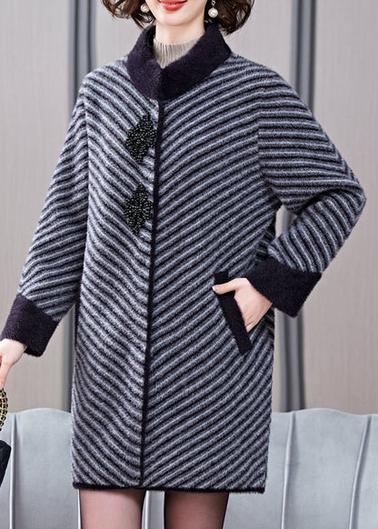 Grey Thick Mink Velvet Coat Patchwork Pockets Spring TA019