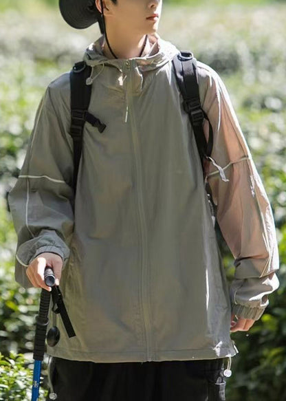Hooded 50+ Summer UPF Zippered Ice Pockets Silk Men Grey Coat