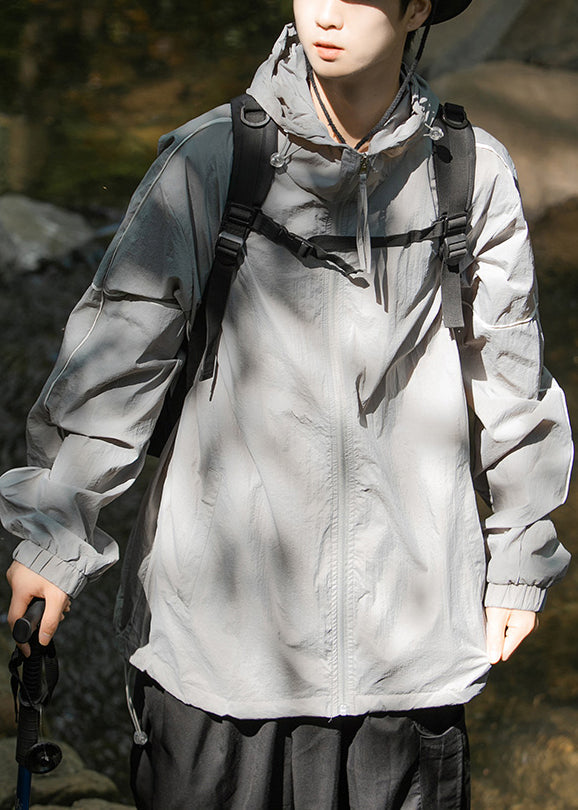 Hooded 50+ Summer UPF Zippered Ice Pockets Silk Men Grey Coat