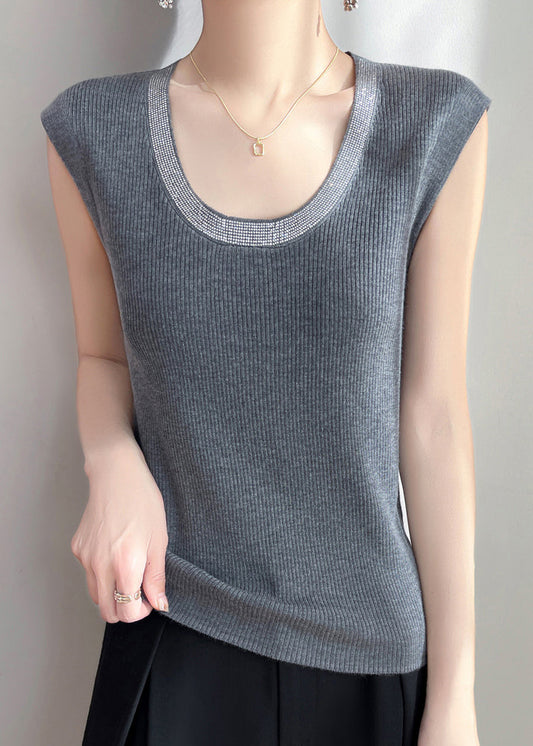 U Sleeveless Tank Knit Zircon Patchwork Neck Grey