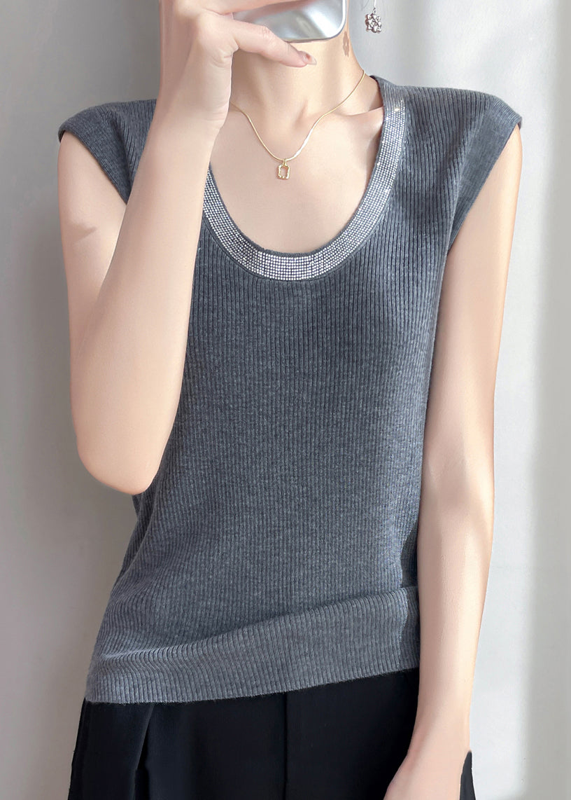 U Sleeveless Tank Knit Zircon Patchwork Neck Grey