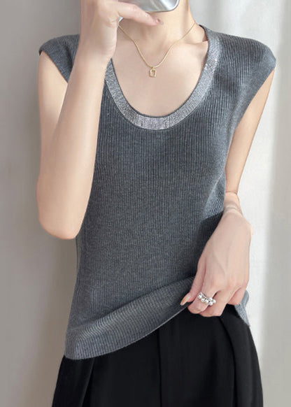U Sleeveless Tank Knit Zircon Patchwork Neck Grey