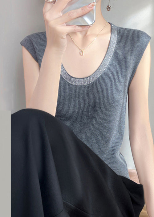 U Sleeveless Tank Knit Zircon Patchwork Neck Grey