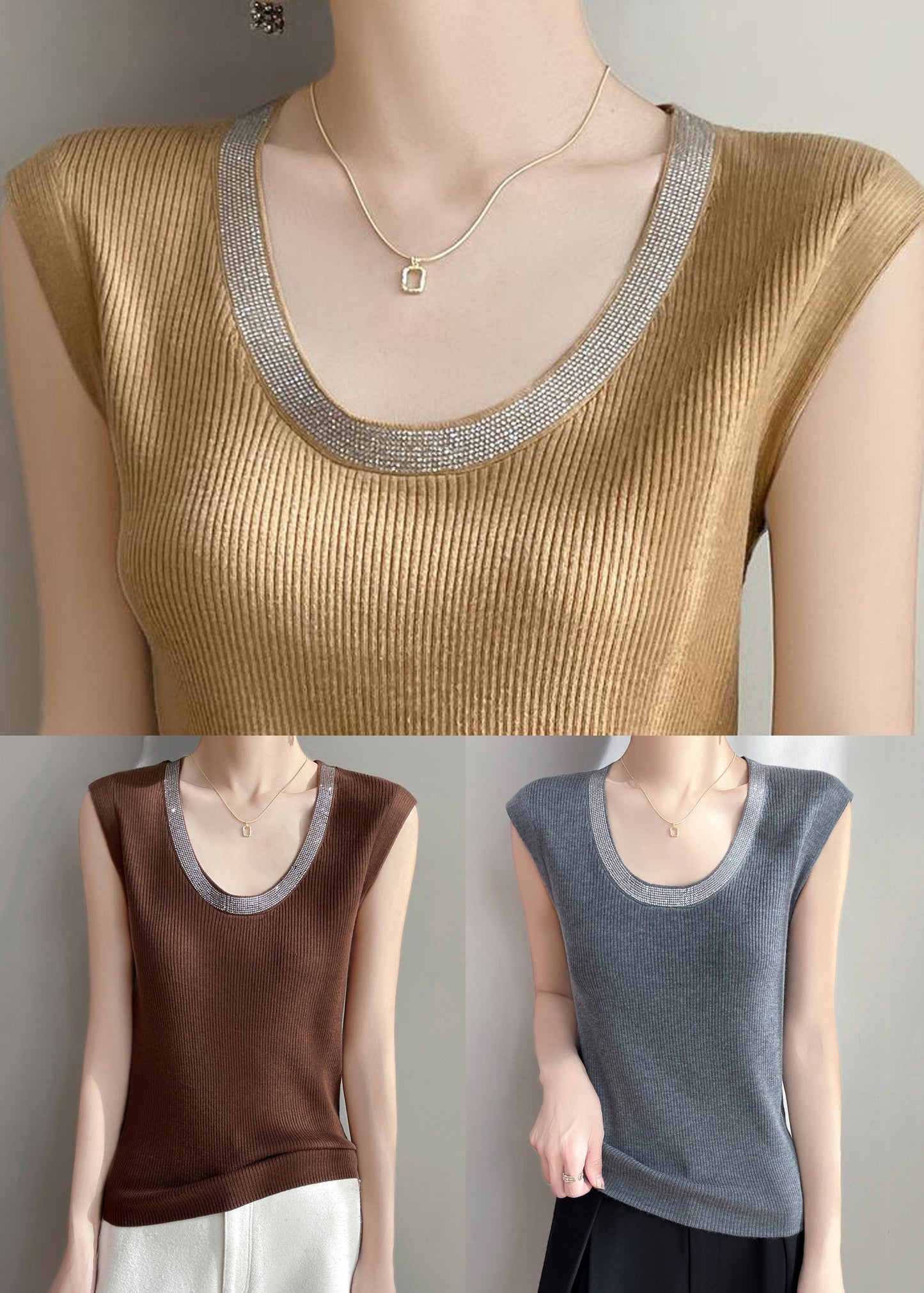 U Sleeveless Tank Knit Zircon Patchwork Neck Grey