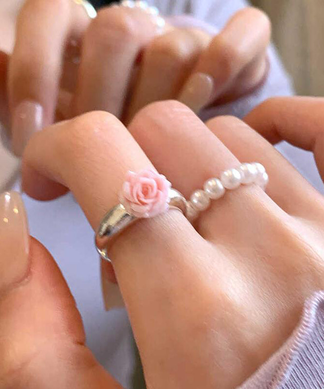 Floral Two-Piece Set Alloy Handmade Rings Pearl