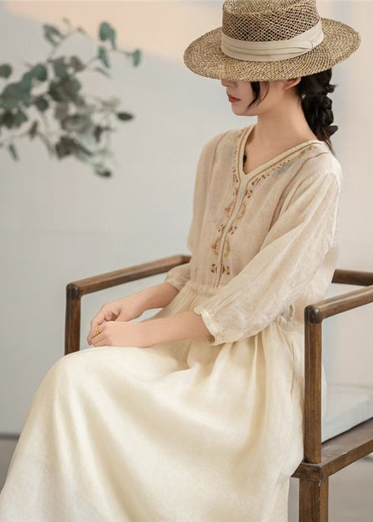 Summer Embroidered Apricot Handmade Linen Drawstring Dress