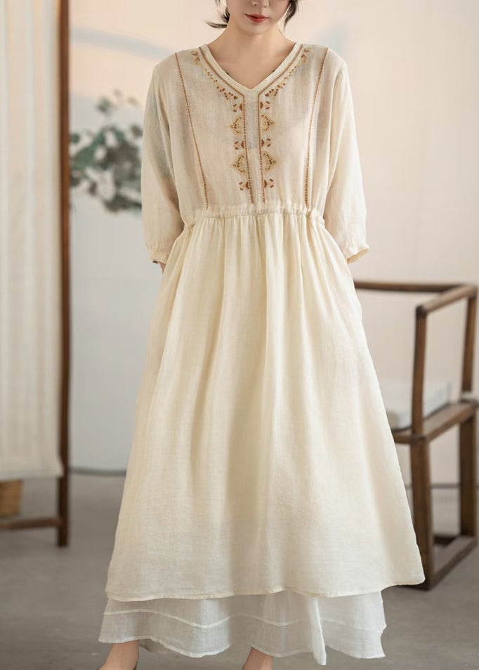 Summer Embroidered Apricot Handmade Linen Drawstring Dress