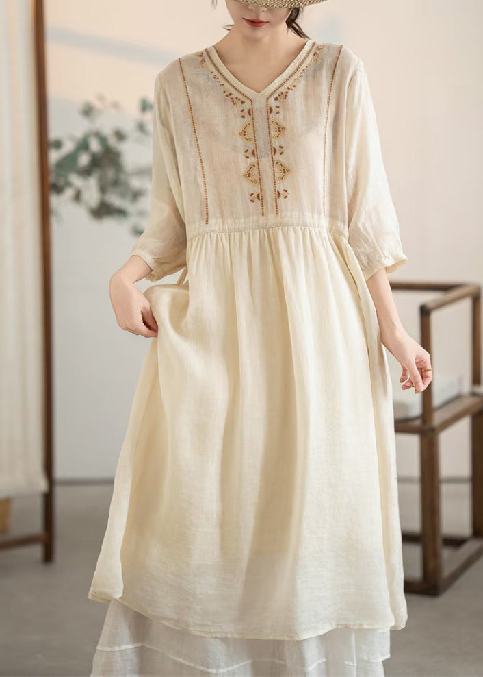 Summer Embroidered Apricot Handmade Linen Drawstring Dress