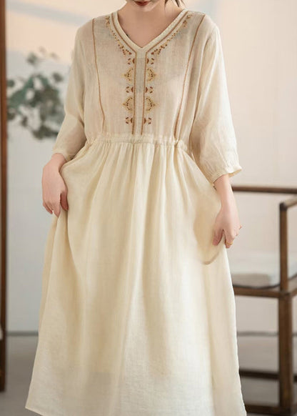 Summer Embroidered Apricot Handmade Linen Drawstring Dress