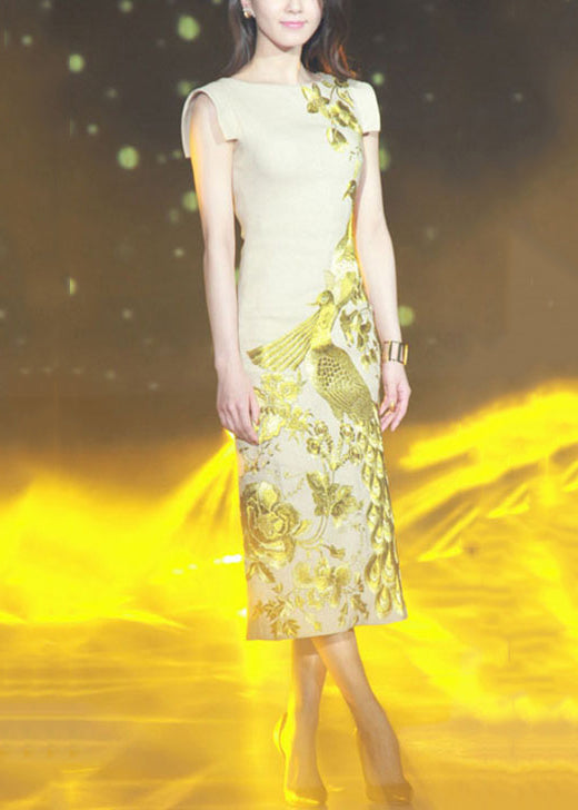 Open Side Apricot Dresses Handmade Cotton Summer Embroidered