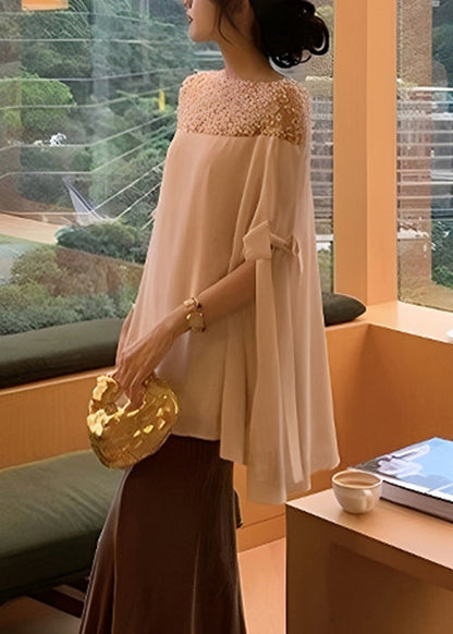 Chiffon Top Sleeved Pearl Handmade Apricot Patchwork Half Bow