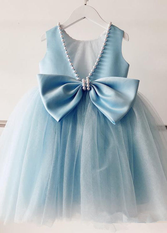 Handmade Baby Blue Nail Bead Backless Tulle Girls Long Dress Sleeveless YS015