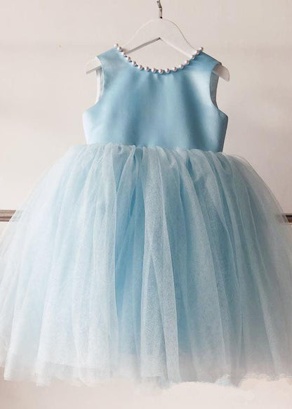 Handmade Baby Blue Nail Bead Backless Tulle Girls Long Dress Sleeveless YS015