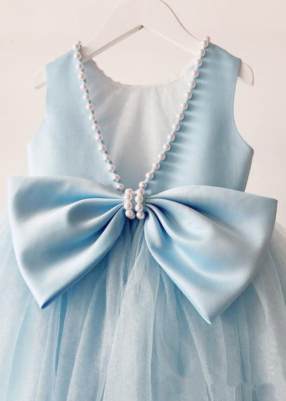 Handmade Baby Blue Nail Bead Backless Tulle Girls Long Dress Sleeveless YS015