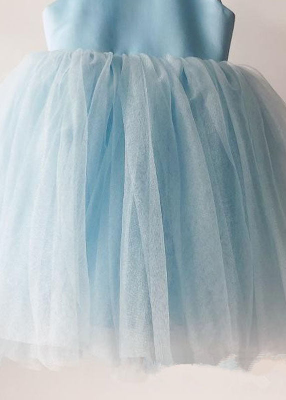Handmade Baby Blue Nail Bead Backless Tulle Girls Long Dress Sleeveless YS015