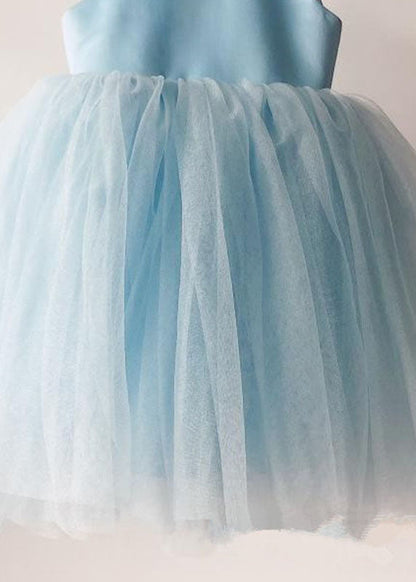 Handmade Baby Blue Nail Bead Backless Tulle Girls Long Dress Sleeveless YS015