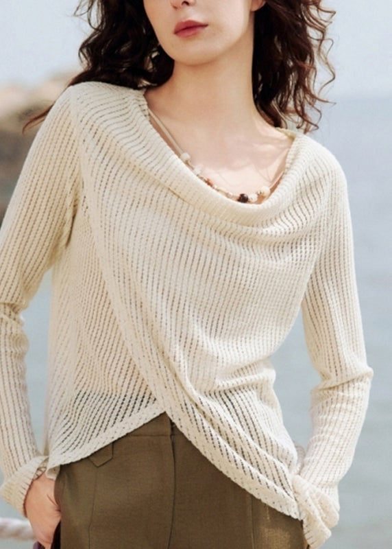 Knit Handmade Asymmetrical Silk Shirt Beige Spring Ice