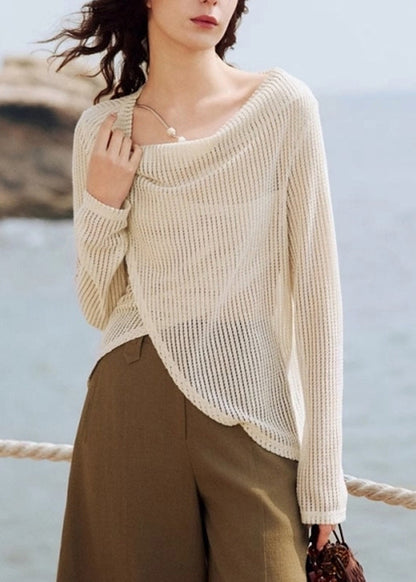 Knit Handmade Asymmetrical Silk Shirt Beige Spring Ice