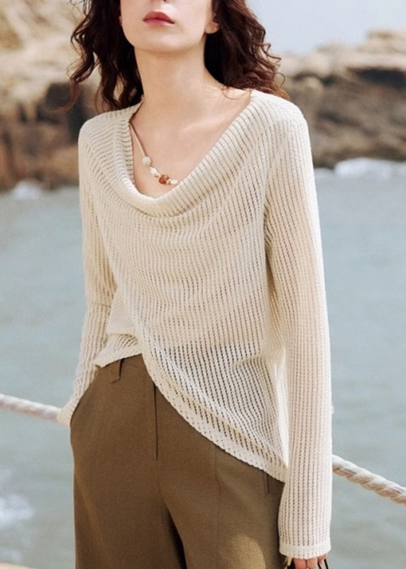 Knit Handmade Asymmetrical Silk Shirt Beige Spring Ice