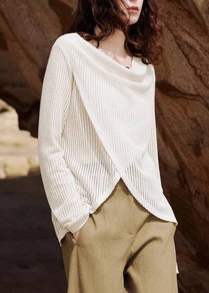 Knit Handmade Asymmetrical Silk Shirt Beige Spring Ice