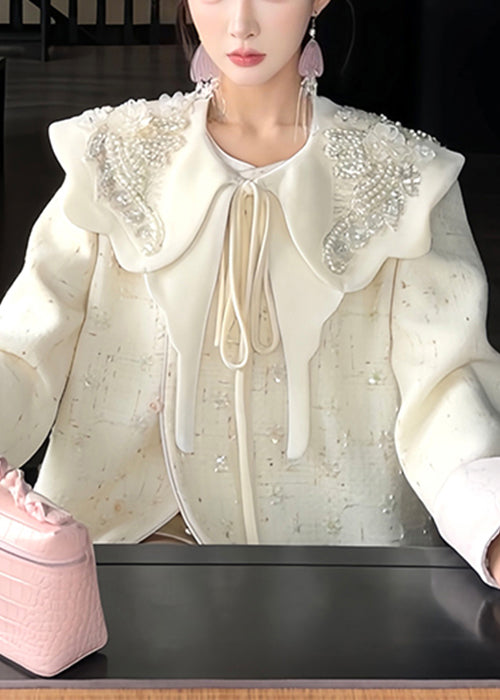 Handmade Beige Nail Bead Sequins Woolen Three Pieces Set Spring TD028