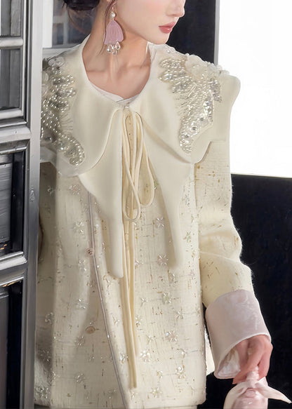 Handmade Beige Nail Bead Sequins Woolen Three Pieces Set Spring TD028