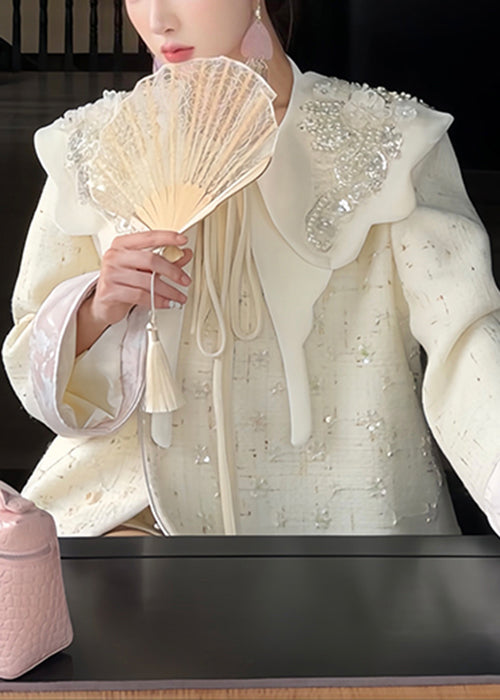 Handmade Beige Nail Bead Sequins Woolen Three Pieces Set Spring TD028