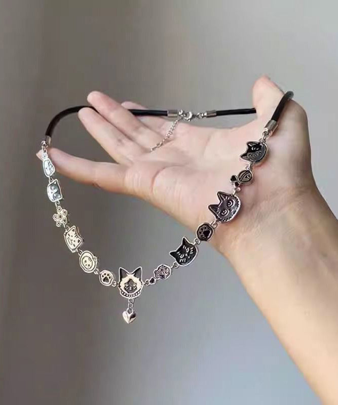 Necklace Cat Pendant Graffiti Black Handmade Alloy
