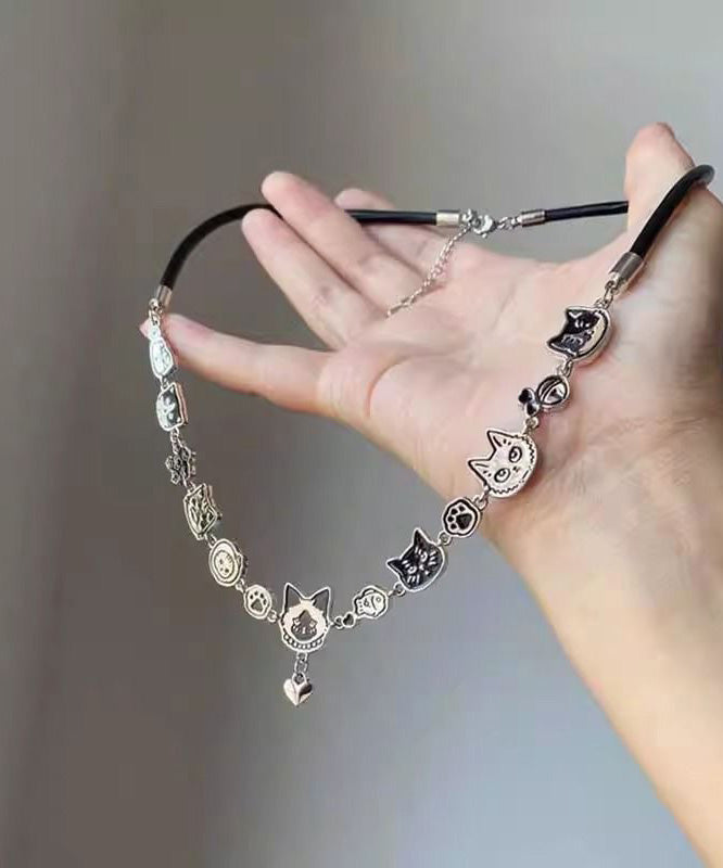 Necklace Cat Pendant Graffiti Black Handmade Alloy