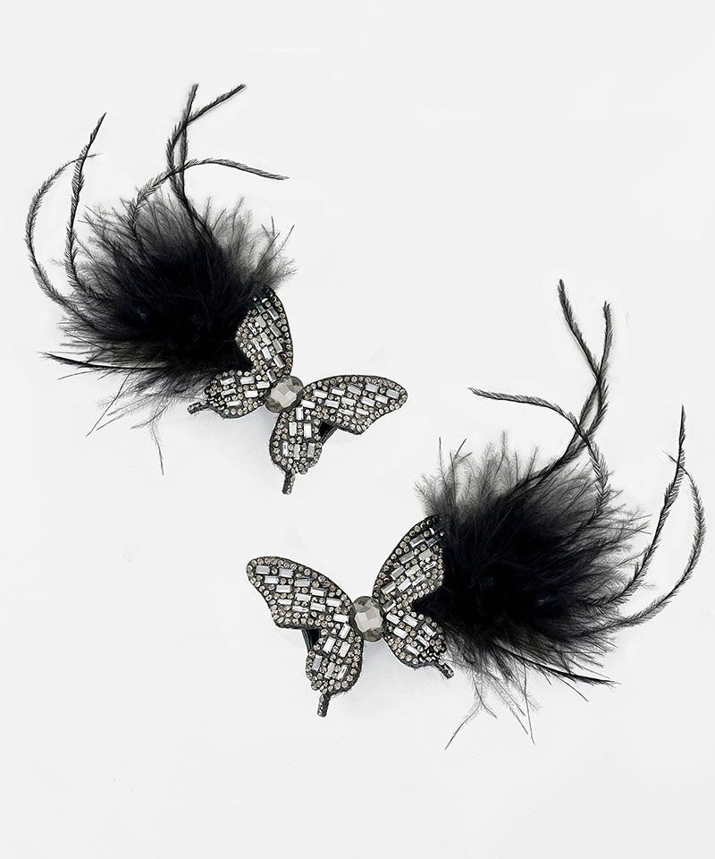 Hairpin Feathers Zircon Handmade Black Butterfly Alloy