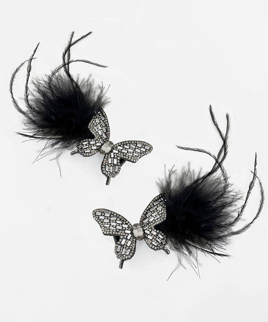 Hairpin Feathers Zircon Handmade Black Butterfly Alloy