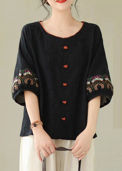Handmade Half Sleeve Tops Black Embroidere Patchwork