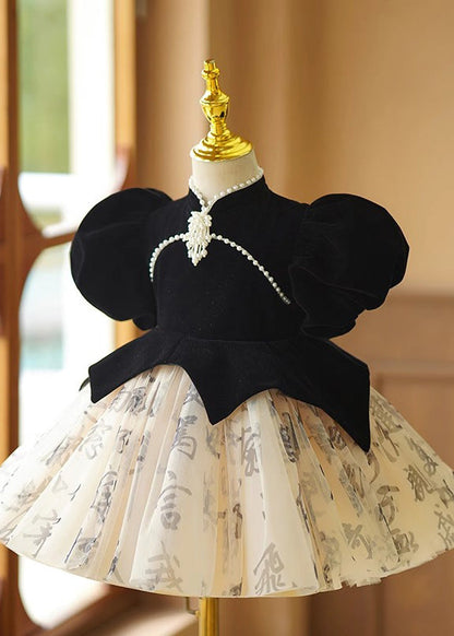 Tulle Patchwork Black Long Floral Girls Dresses Short Handmade