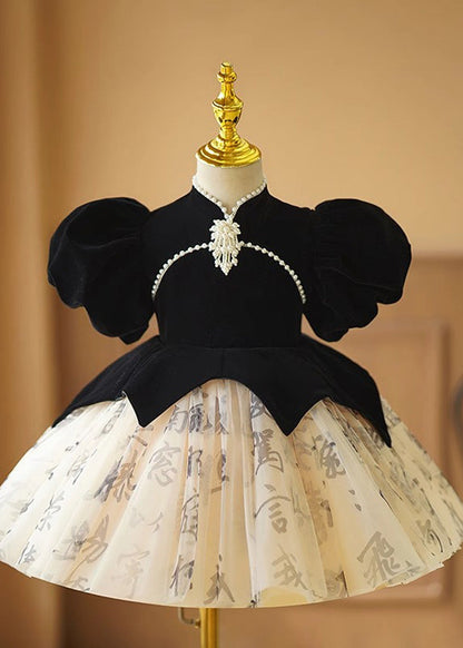 Tulle Patchwork Black Long Floral Girls Dresses Short Handmade