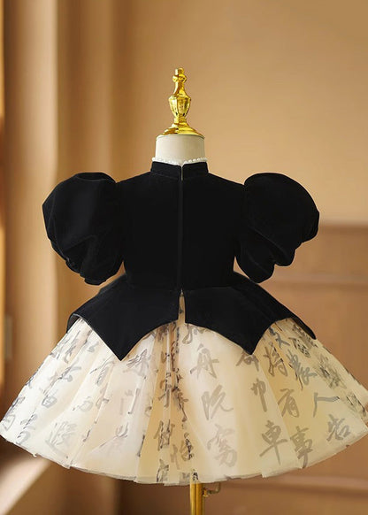 Tulle Patchwork Black Long Floral Girls Dresses Short Handmade