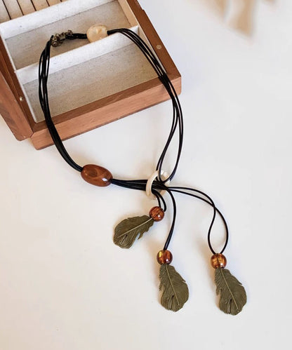 Leather Rope Tassel Necklace Black Pendant Leaf Handmade Beading