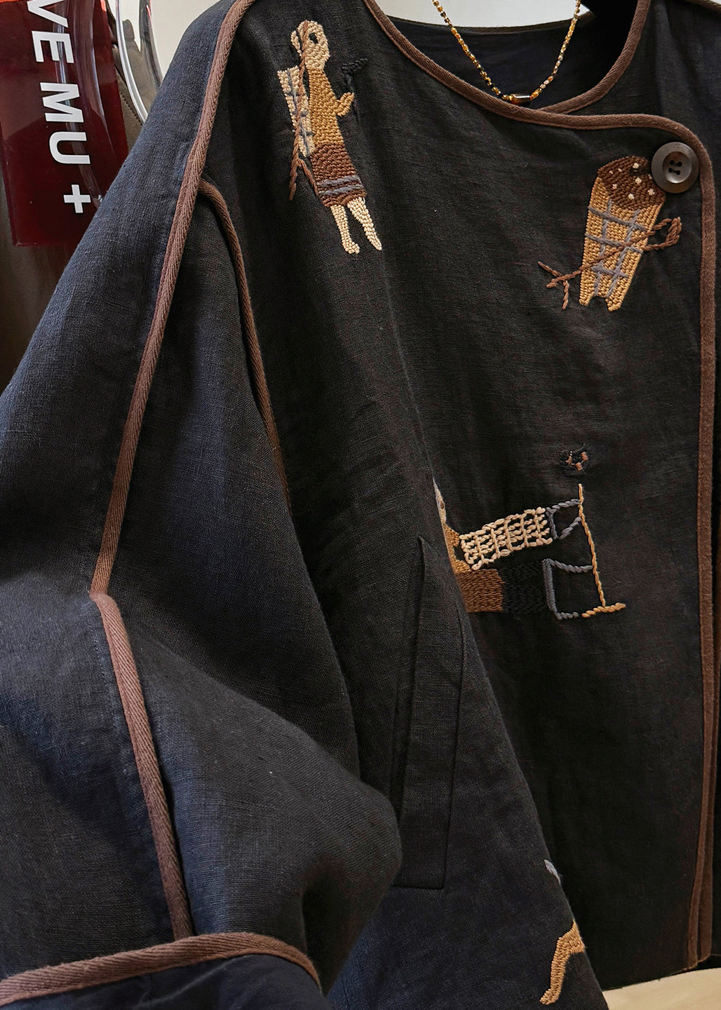 Black Fall O Neck Coat Handmade Linen Patchwork Embroidered