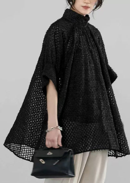Handmade Tulle Black Half Shirt Sheer Sleeve Collar Stand