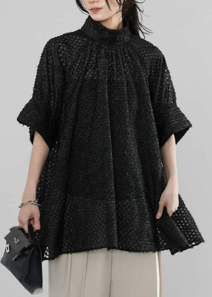 Handmade Tulle Black Half Shirt Sheer Sleeve Collar Stand