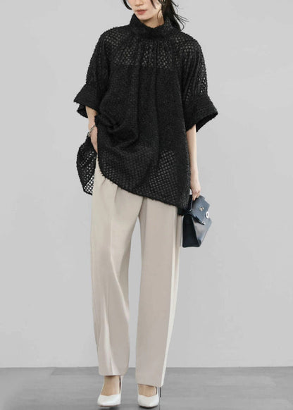 Handmade Tulle Black Half Shirt Sheer Sleeve Collar Stand