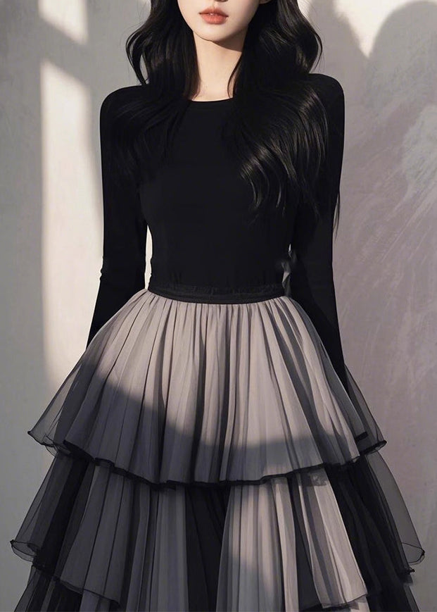 Wrinkled Black Patchwork Tulle Handmade Long Spring Dress