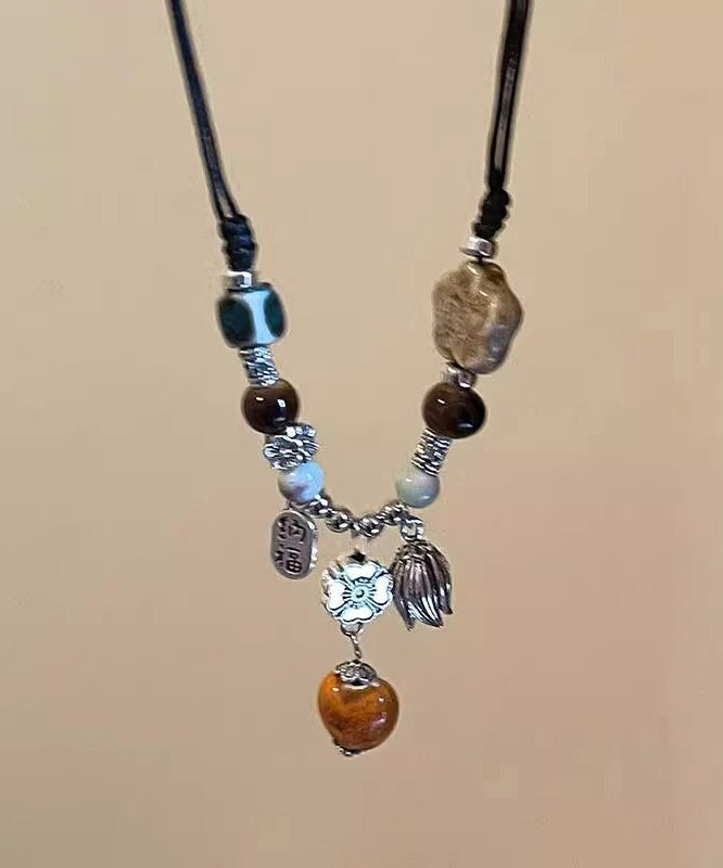 Handmade Ceramics Weave Pendant Beads Necklace Alloy Black