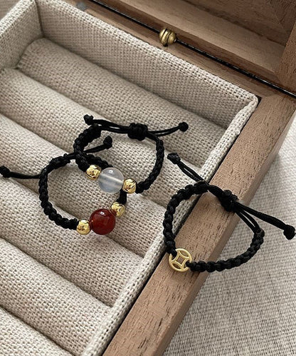 Rings Agate Three-Piece Black Handmade Weave Coin Copper Crystal