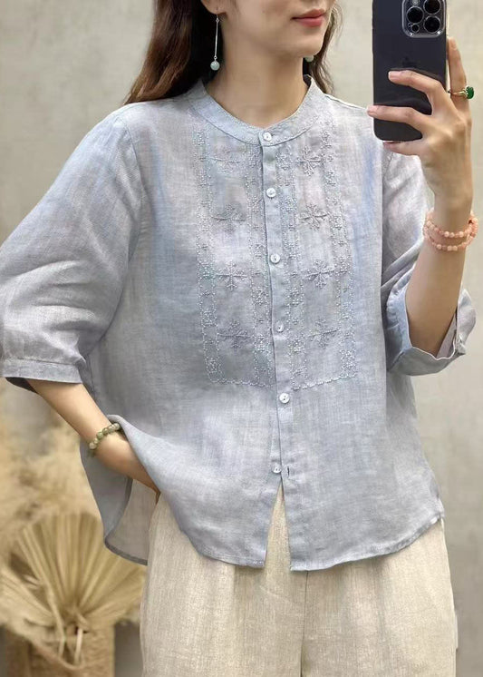 Sleeve Linen Embroidered Blue Half Tops Handmade